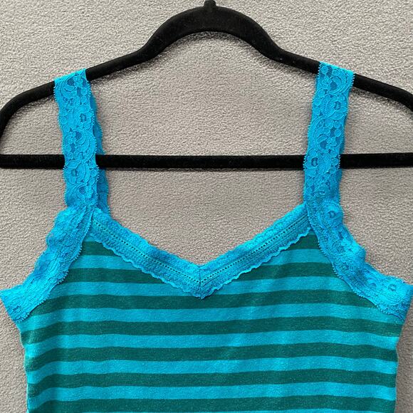 Vtg 90s 00s Y2K Striped Lace Trim Straps Camisole Tank Top Womens XL Blue Cotton - Picture 3 of 11